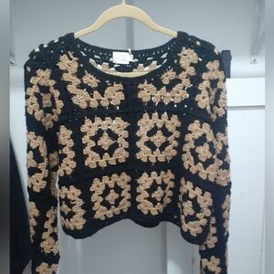 Dreamers By Debut Black & Camel Crochet Square Sweater Small